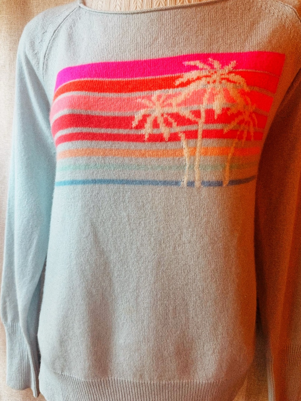 🌊🌴 White + Warren 100% Cashmere • Sea Glass Sunset Palms • Light Blue
